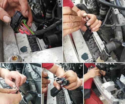 Accident-damaged multi-plug connectors being depinned and repaired